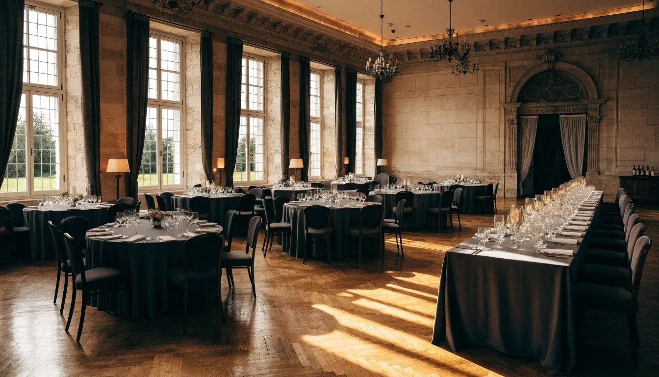 Sala główna Château Rives przygotowana na kolację firmową — okrągłe stoły w ustawieniu bankietowym