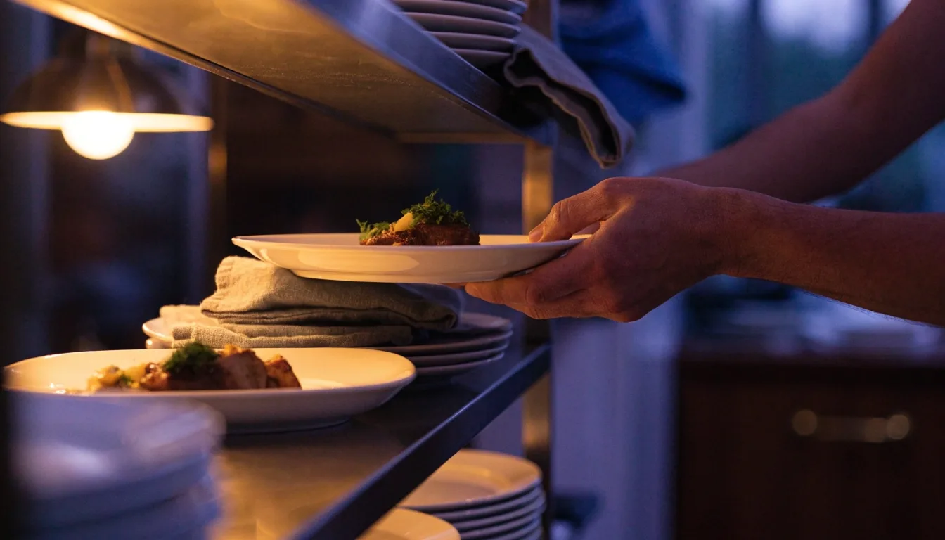 Blat recepcyjny z tablicą tygodniową i kartami menu w chłodnym świetle porannym
